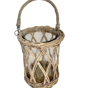 Rustic Weathered Glass Candle Lantern Handle Rattan Wicker Farmhouse Nautical